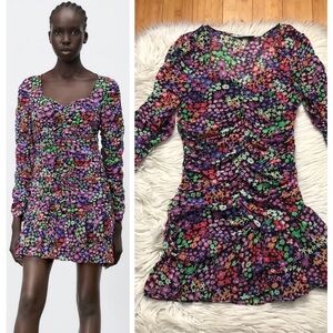 Zara Chiffon Draped Ruched Tiered Floral Multicolor Long Sleeve Mini Dress M